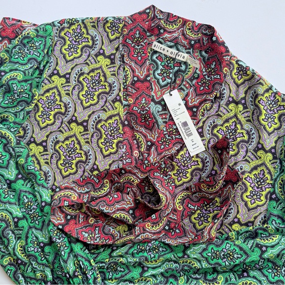 NWT Alice + Olivia Sheila Crest Tile Multicolor Paisley Tie Neck Blouse Top XL - Picture 1 of 16